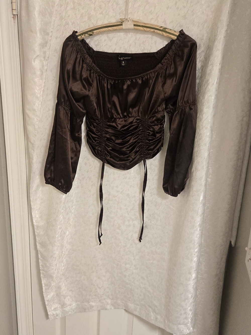 Almost Famous Brown Satin Ruched Off-Shoulder Blouse